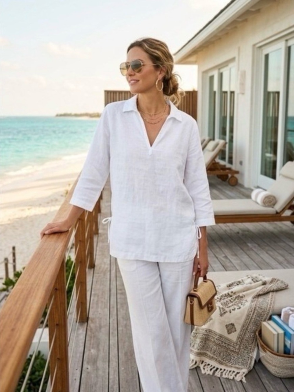 Isaac Mizrahi White 100% Linen V-Neck Tunic Shirt Coastal Resort Women’s Small
